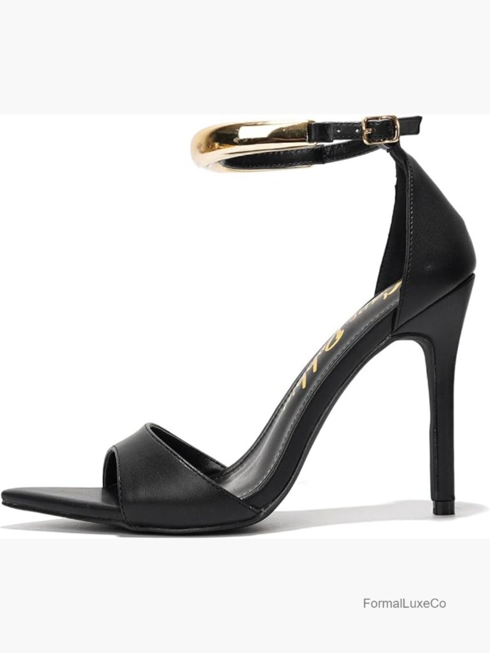 Stiletto Heeled Sandals with Gold Chain Ankle Strap, Pointed Toe PU Leather